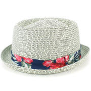 Straw Porkpie Hat with Hawaiian Floral Band - Grey