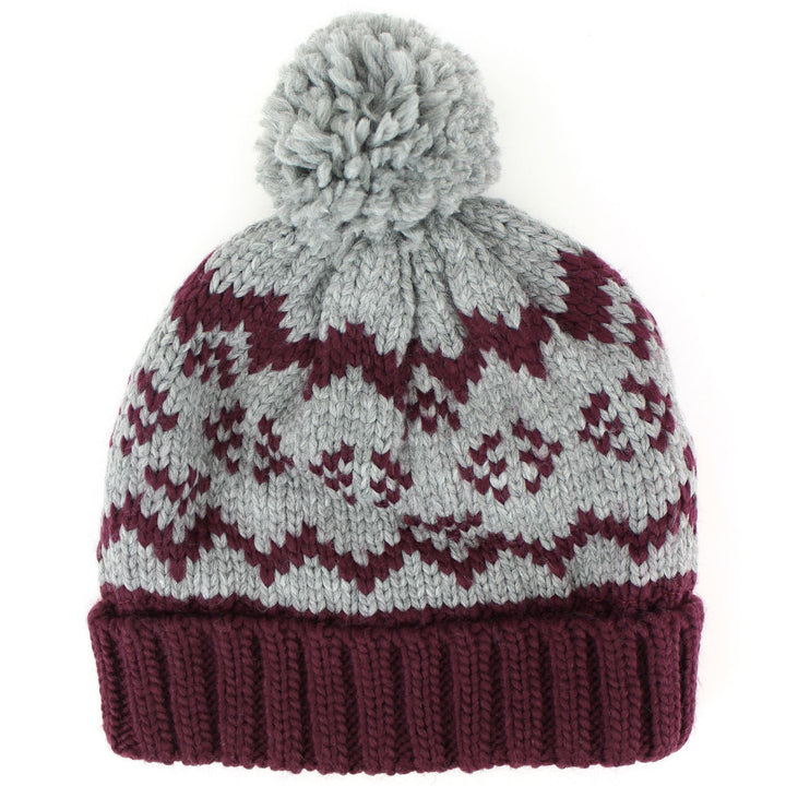 Children's Fairisle Beanie Bobble Hat - Maroon