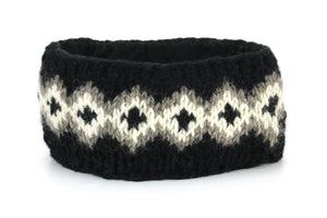 Bandeau en laine tricoté à la main - fairisle noir