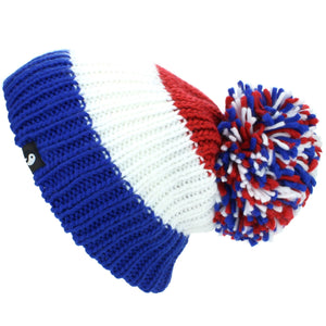 Chunky Acrylic Knit Beanie Hat with a MASSIVE Bobble - Blue, White & Red