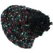 Chunky Knit Colourful Fleck Bobble Beanie Hat - Black