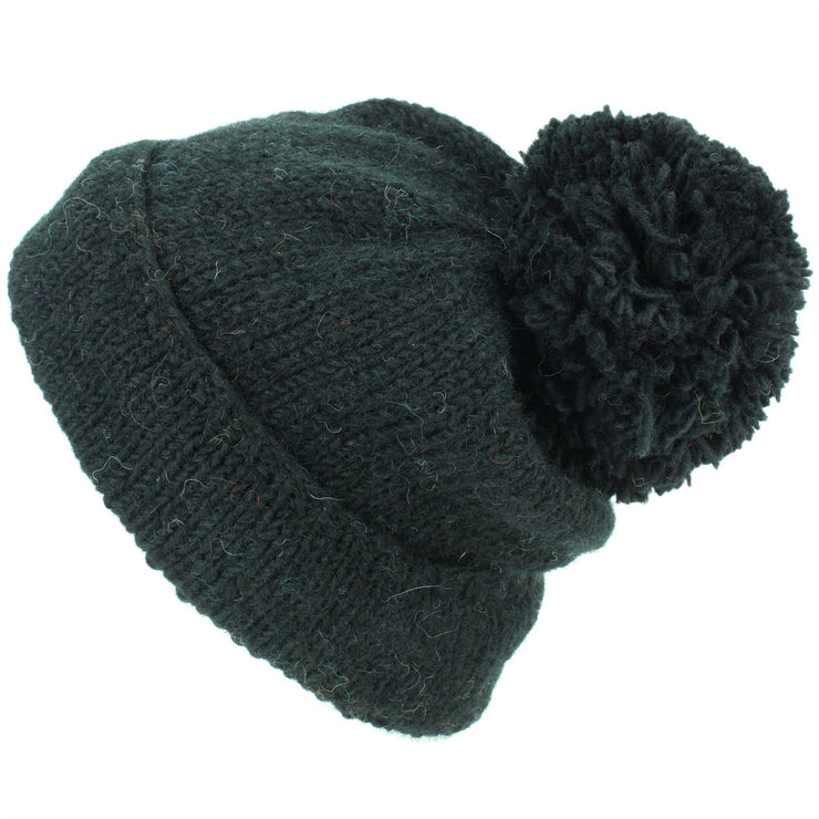 Chunky Wool Knit Baggy Slouch Beanie Bobble Hat - Black
