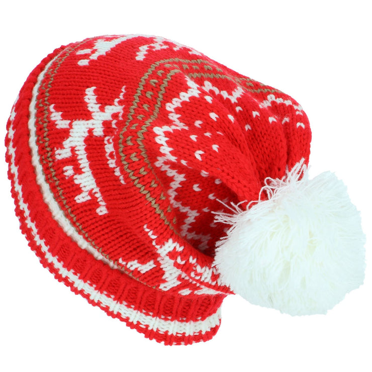 Chunky Slouch Bobble Beanie Hat with Reindeer Pattern - Red