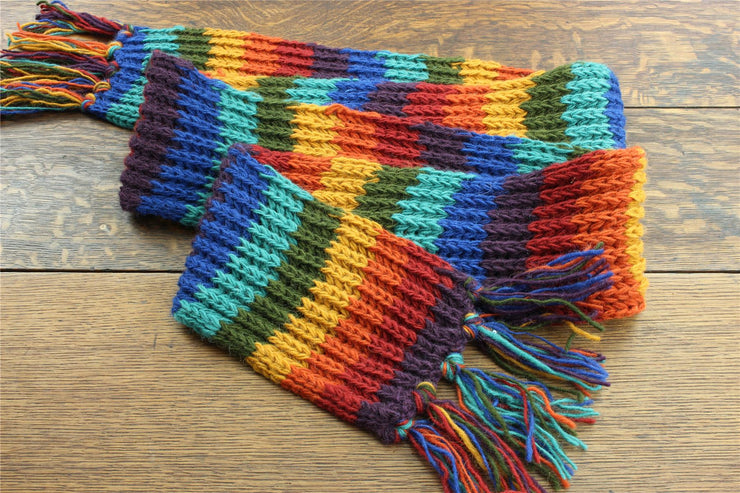 Hand Knitted Wool Scarf - Stripe Dark Rainbow