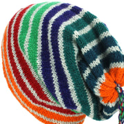 Wool Knit Tassel Beanie Hat - Stripe Green