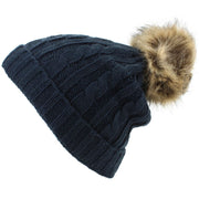 Childrens Cable Knit Beanie Hat with Faux Fur Bobble and Turn-up - Navy