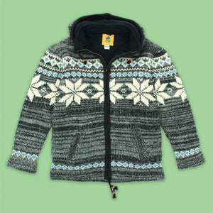 Cardigan veste à capuche en laine tricotée à la main - gris fairisle