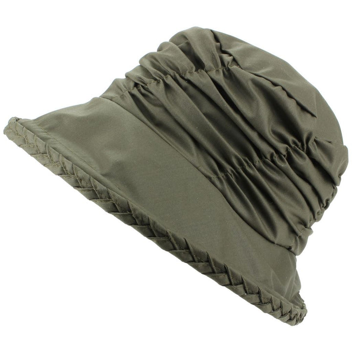 Ladies Water Resistant Wax Cloche Hat with Ruched Crown and Tartan Check Lining - Green