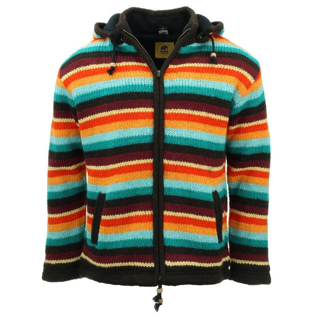 Hand Knitted Wool Hooded Jacket Cardigan - Stripe Retro D