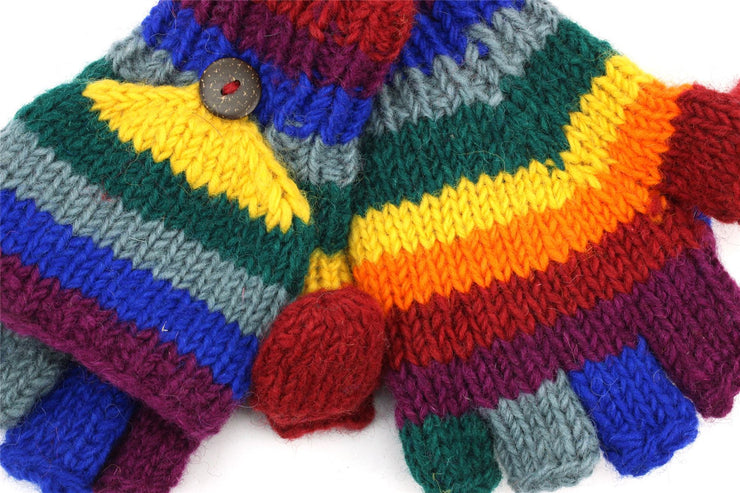 Hand Knitted Wool Shooter Gloves - Rainbow Stripe