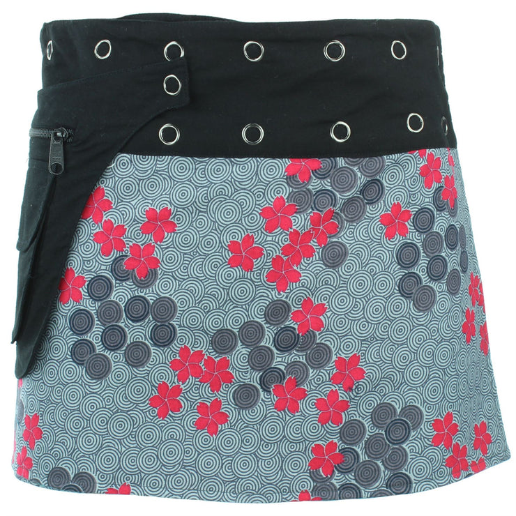 Reversible Popper Wrap Mini Skirt - Grey Patch Strips / Spiral Garden