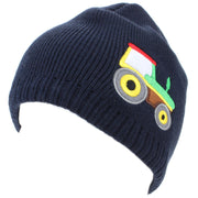 Childrens Fine Knit Beanie Hat with Embroidered Tractor - Navy