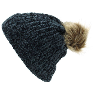 Knitted Beanie Hat with Bobble - Grey
