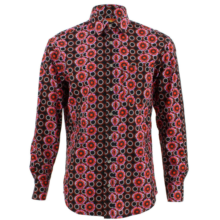 Regular Fit Long Sleeve Shirt - Black Abstract Poppies