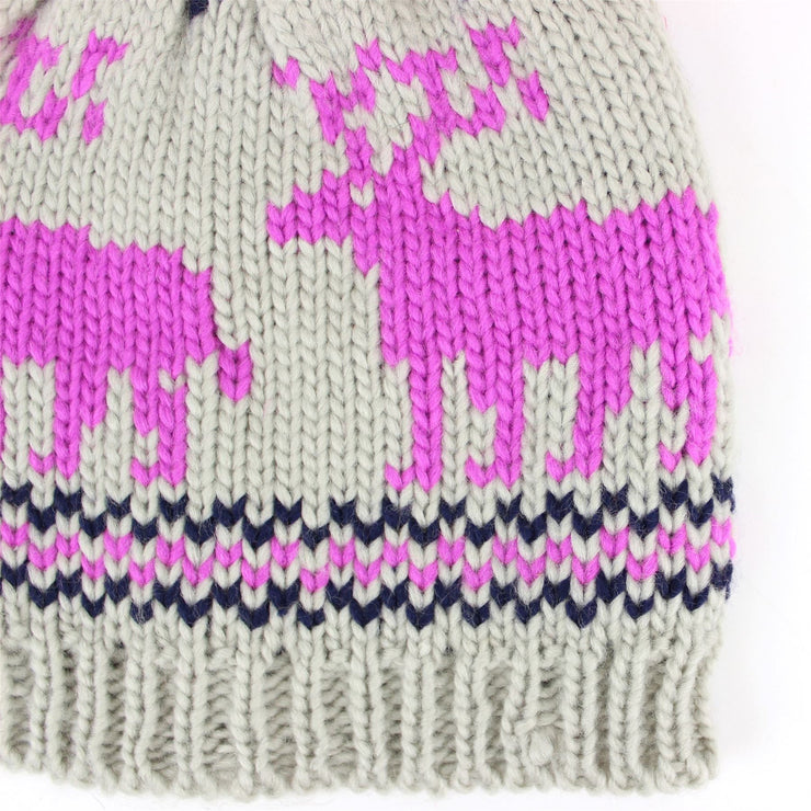 chunky knit bobble beanie hat with reindeer design - Purple