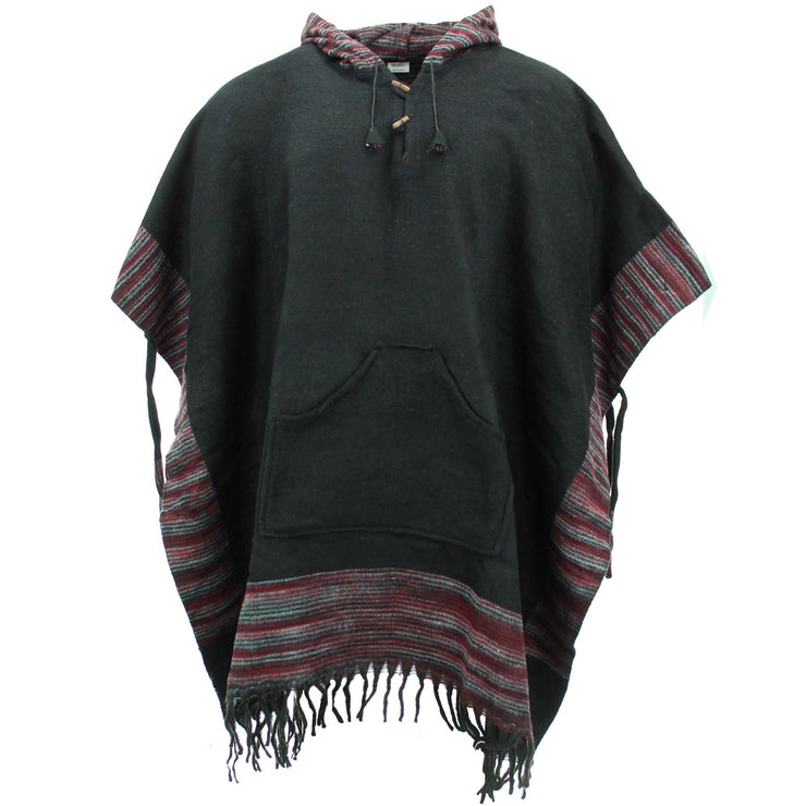 Soft Vegan Wool Hooded Tibet Poncho - Black & Red Grey
