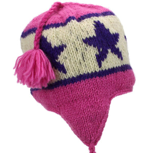 Wool Knit Earflap Tassel Hat - Star Pink