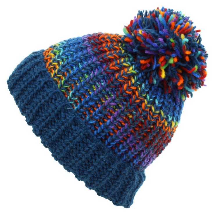 Wool Knit Beanie Bobble Hat - Blue Rainbow