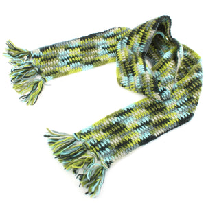 Écharpe longue et étroite en grosse maille de laine - vert et bleu