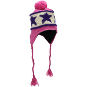 Wool Knit Earflap Bobble Hat - Star Pink