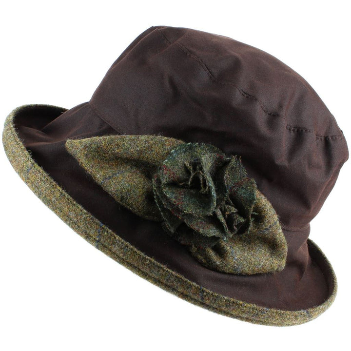 Ladies Waterproof Wax Cloche Hat with Tweed Rose and Brim - Brown (Light Green Tweed)