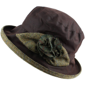 Chapeau cloche en cire imperméable pour femme avec rose en tweed et bord – Marron (tweed vert clair)