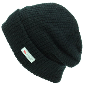 Knitted Waffle Design Beanie Hat - Black