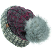 Cable Knit Beanie Hat with Contrast Turn-up and Faux Fur Bobble - Plum Grey