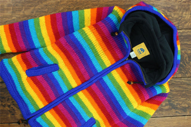 Hand Knitted Wool Hooded Jacket Cardigan Ladies Cut - Stripe Bright Rainbow