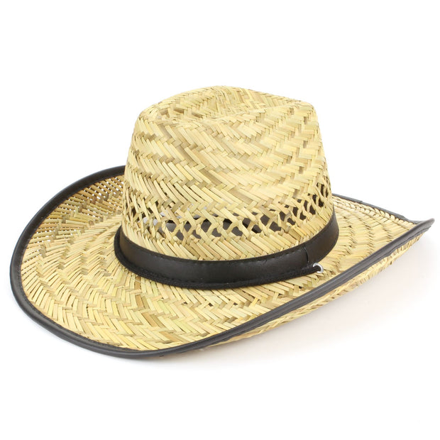 Straw cowboy hat with band and trim - Black