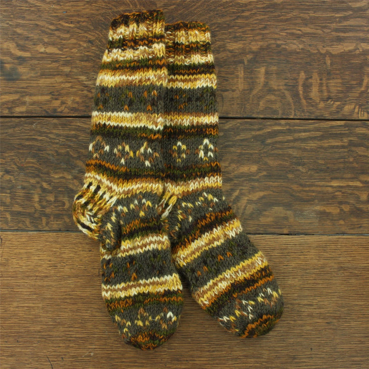 Hand Knitted Wool Slipper Socks Lined - Diamond Orange Brown