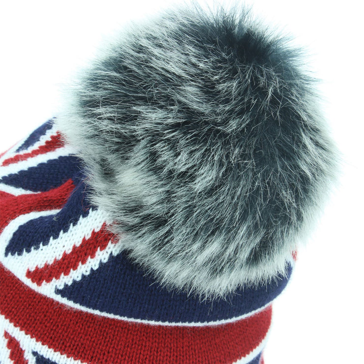 Union Jack Bobble Beanie Hat with Faux Fur Bobble - Grey