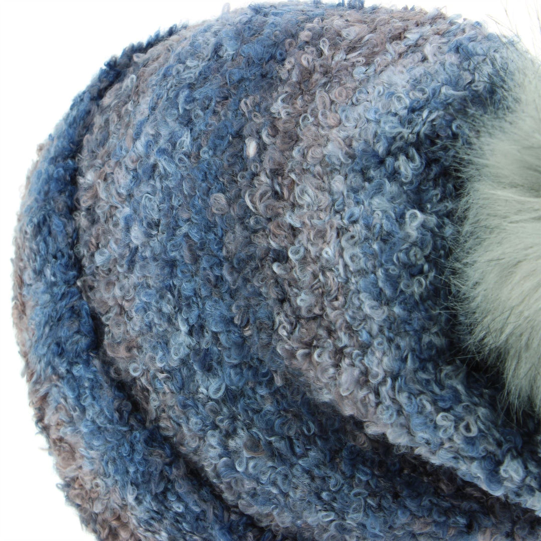 Fleece Lined Beanie Hat with Faux Fur Bobble - Blue