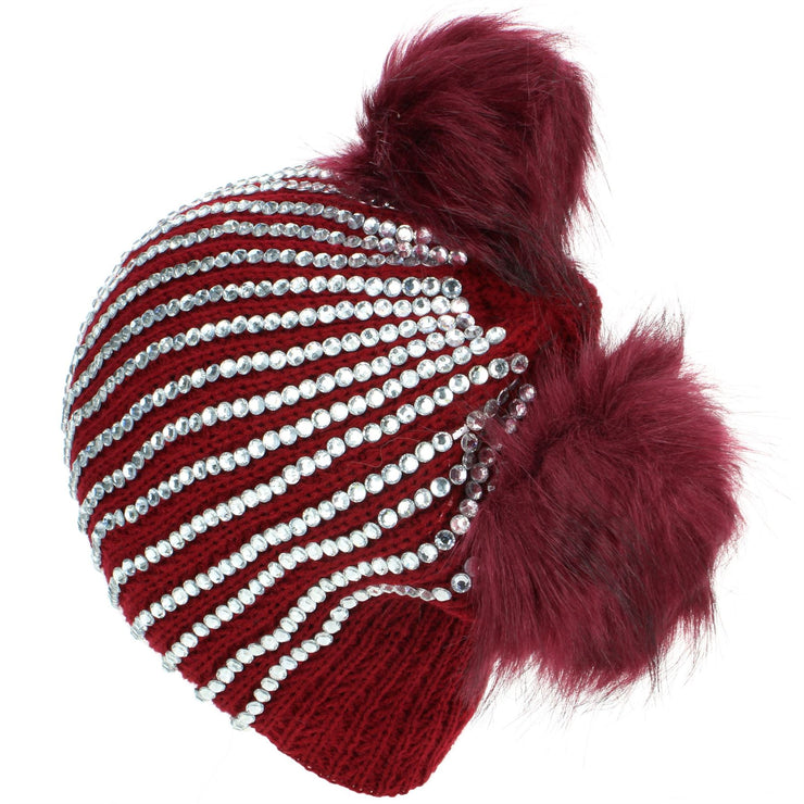 Bling Diamante Studded Chunky Knit Beanie Hat with Two Bobbles - Red