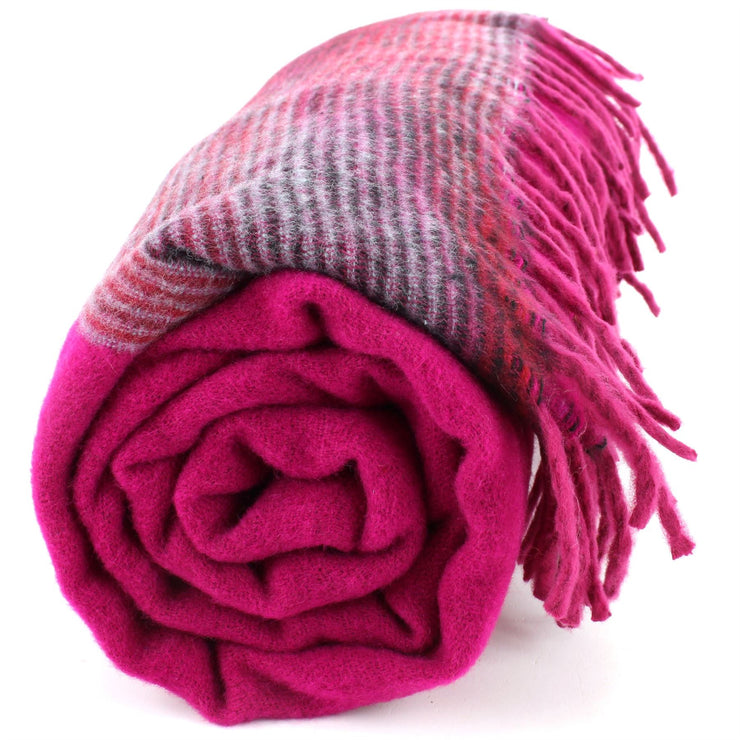 Tibetan Wool Blend Shawl Blanket - Pink with Maroon & Grey Reverse