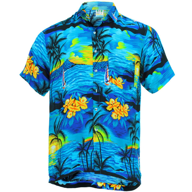 Short Sleeve Hawaiian Shirt - Palm Trees - Blue