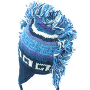 Wool Knit 'Punk' Mohawk Earflap Beanie Hat - Blue & White