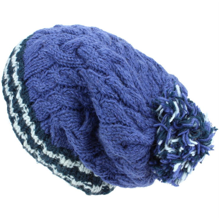 Chunky Wool Cable Knit Big Baggy Slouch Beanie Bobble Hat with Striped Brim - Blue