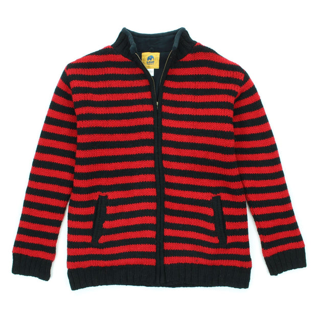 Hand Knitted Wool Jacket Cardigan - Stripe Red Black