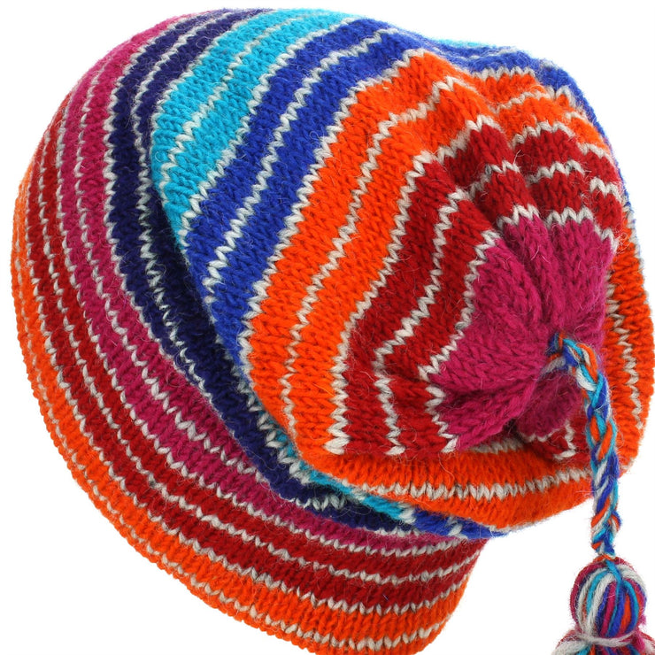 Wool Knit Tassel Beanie Hat - Stripe Blue