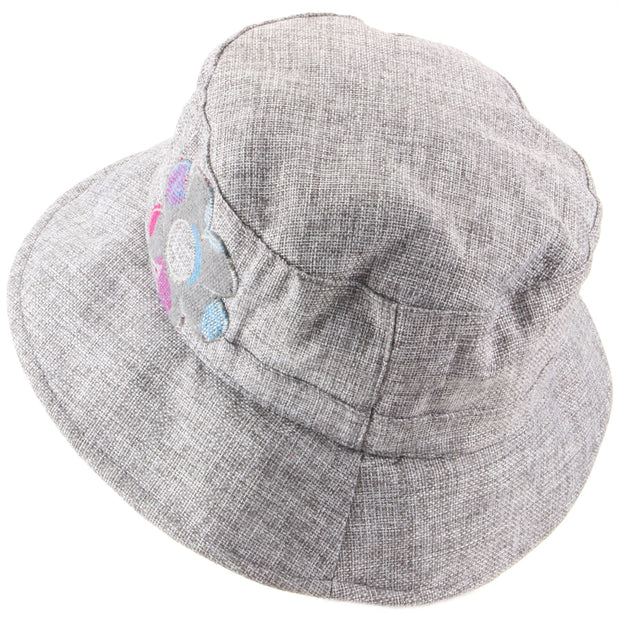 Ladies Bucket Hat with Embroidered Flower Design - Light Grey