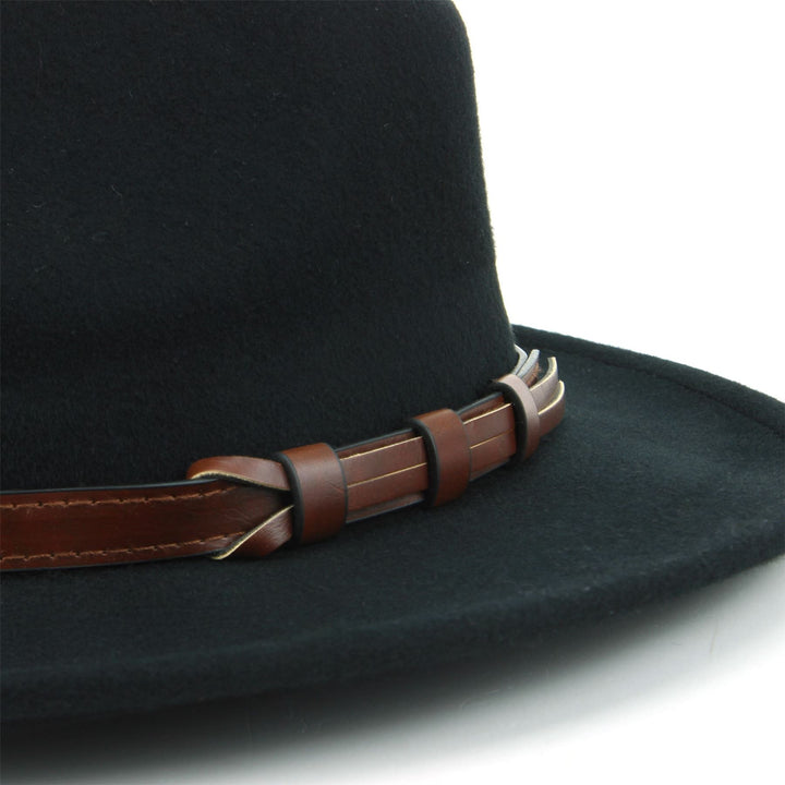 Wool Fedora Hat with Faux Leather Band - Black