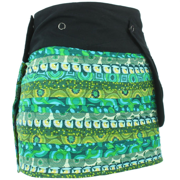 Reversible Popper Wrap Mini Skirt - Green Patch Strips / Floral Oyster