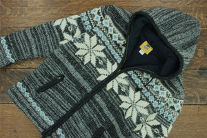 Cardigan veste à capuche en laine tricotée à la main - gris fairisle