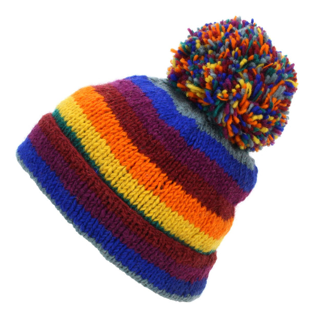 Hand Knitted Wool Beanie Bobble Hat - Stripe Rainbow 2