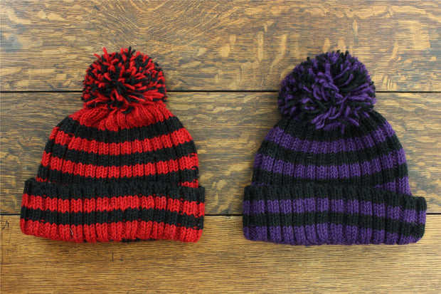 Hand Knitted Wool Beanie Bobble Hat - Stripe Red Black