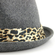 Women's felt rolled brim trilby hat with satin leopard print band - Grey (57cm)
