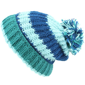 Chunky Wool Knit Baggy Slouch Striped Beanie Bobble Hat - Blue