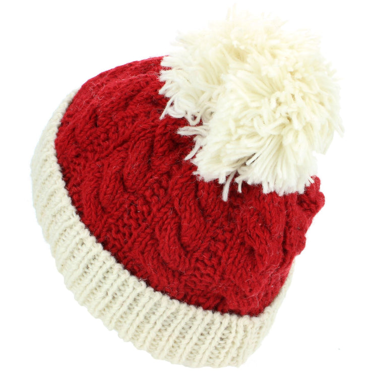 Wool Cable Knit Beanie Bobble Hat - Red & Cream
