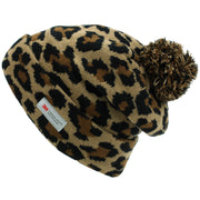 Leopard Print Beanie Hat with Bobble - Brown